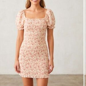 Trixxi Floral Puff Sleeve Smocked Bodycon Mini Dress Ivory Pink 26W790BINI Large